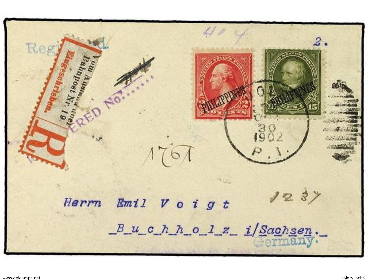 FILIPINAS: OCUPACION ESTADOS UNIDOS. 1902. Registered Envelope To Buchholz, Germany Franked Overprinted  2c. + 15c . Tie - Andere & Zonder Classificatie