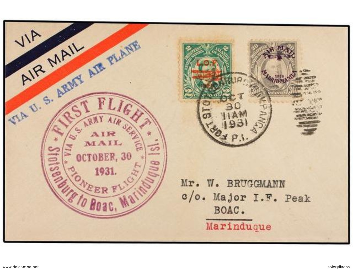 FILIPINAS. 1931 (31 Octubre).  AIR MAIL.  STOTSENBURG A BOAC.  2 Cts., 30 Cts.  Vuelo Especial, Marca  VIA U.S. ARMY AIR - Sonstige & Ohne Zuordnung