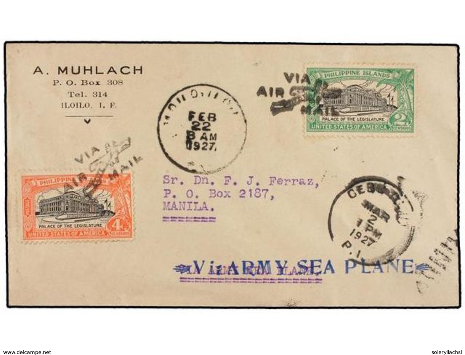 FILIPINAS. 1927 (22 Febrero).  AIR MAIL.  ILO ILO-CEBU-MANILA.  2 Ctvos  Y  4 Ctvos. , Vuelo Especial, Al Dorso Marca Ov - Autres & Non Classés