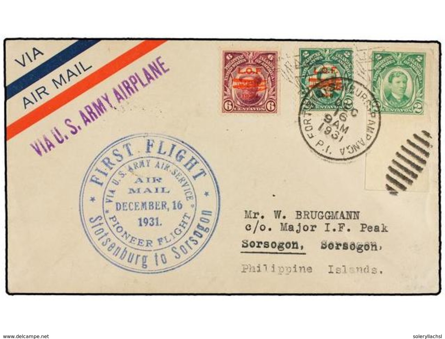 FILIPINAS. 1931 (16 Diciembre).  AIR MAIL.  STOTSENBURG A SORSOGON.  2 Cts.  (2) Y  6 Ctvos.  Vuelo Especial, Marca  VIA - Andere & Zonder Classificatie