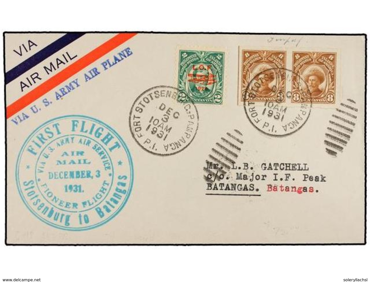 FILIPINAS. 1931 (3 Diciembre).  AIR MAIL.  STOTSENBURG A BATANGAS.  2 Cts.  Y  8 Ctvos.  (2) Vuelo Especial, Marca  VIA  - Altri & Non Classificati