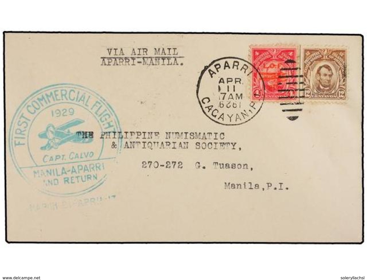 FILIPINAS. 1929 (11 Abril).  AIR MAIL.  APARRI A MANILA.  4 Cts.  Y  12 Cts.  Vuelo Especial Realizado Por El Capitán Ca - Andere & Zonder Classificatie