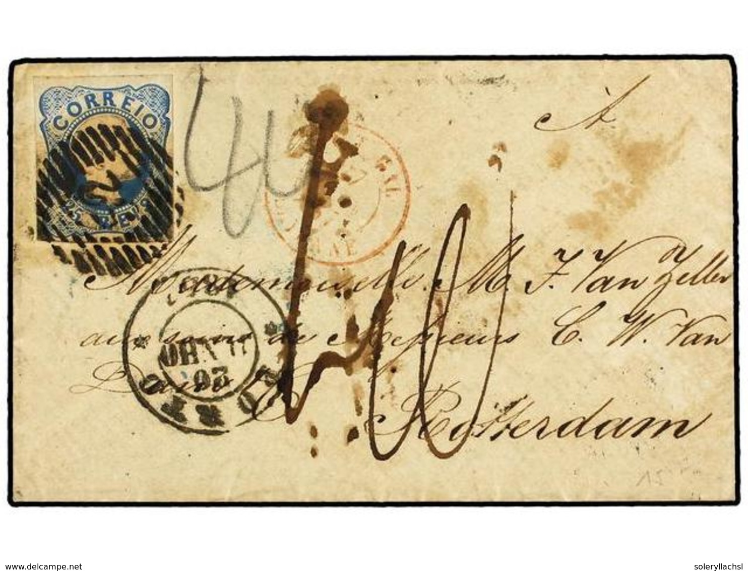 PORTUGAL. Af.12. 1857. PORTO A ROTTERDAM (Holanda).  25 Reis  Azul. Tasada A La Llegada Con ' 40 ', Tránsitos Y Llegada  - Sonstige & Ohne Zuordnung