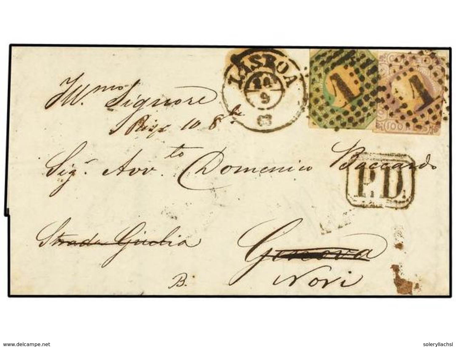 PORTUGAL. Af.8, 9. 1863. LISBOA A GENOVA (Italia) Y Reexpedida A NORI.  50 Cts.  Verde Y  10 Reis  Lila, Márgenes Ajusta - Sonstige & Ohne Zuordnung