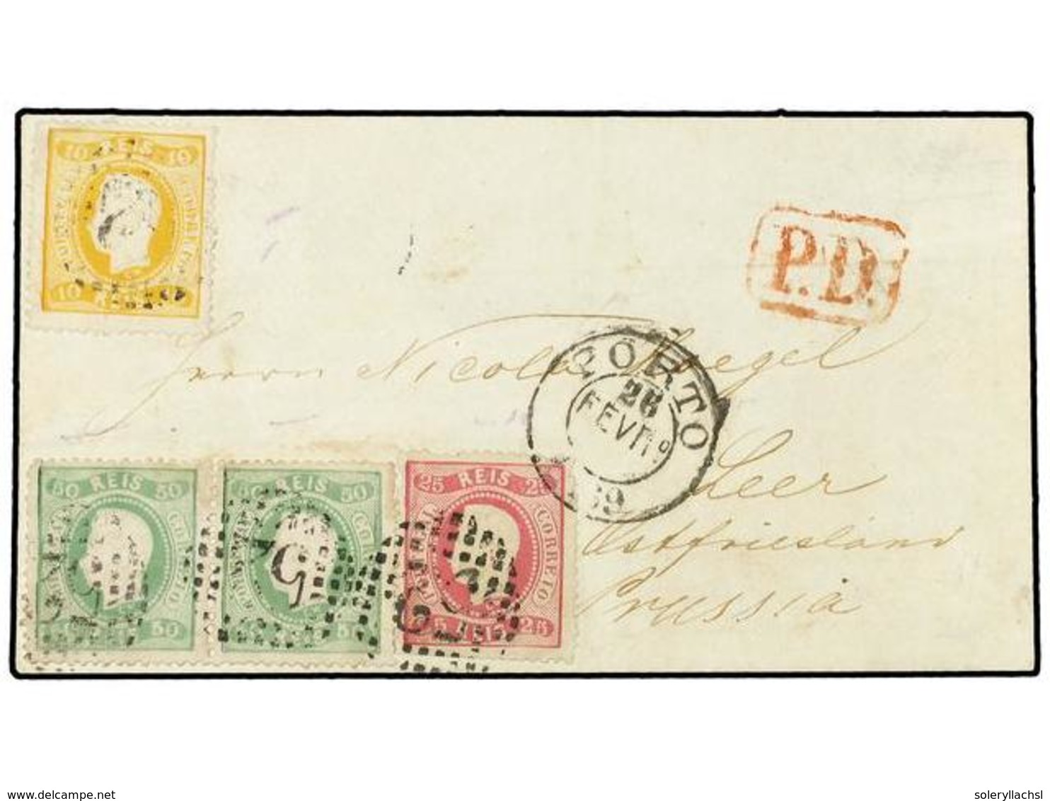 PORTUGAL. 1867.  10 R.  Yellow,  25 R.  Rose Red (faults) And  50 R.  Green (2) On 1869 Cover From PORTO To LEER (Prussi - Autres & Non Classés