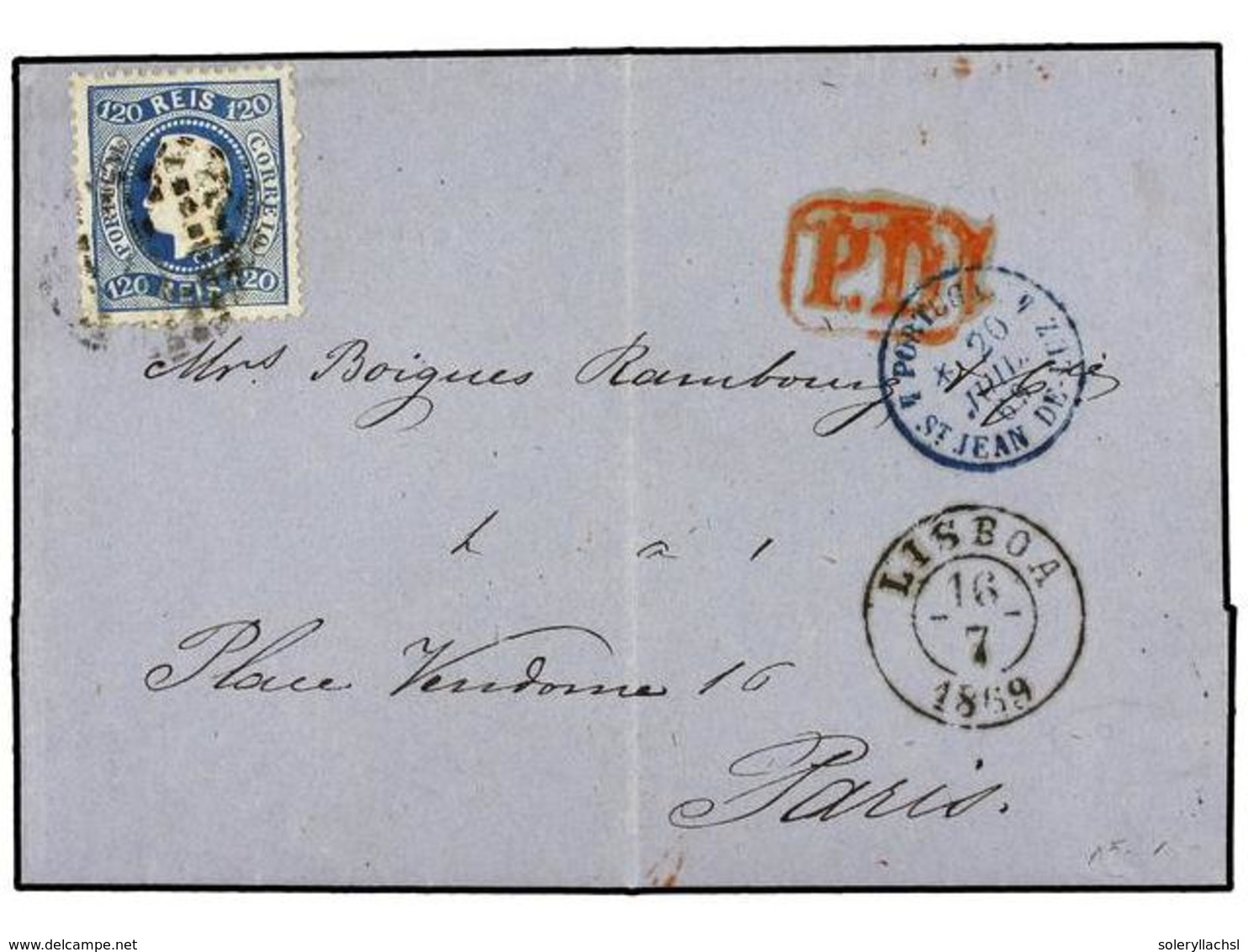 PORTUGAL. Af.34. 1869. LISBOA A PARÍS. 120 Reis  Azul. Raro Franqueo En Carta A Francia (la Tarifa Para Francia Era De 8 - Autres & Non Classés