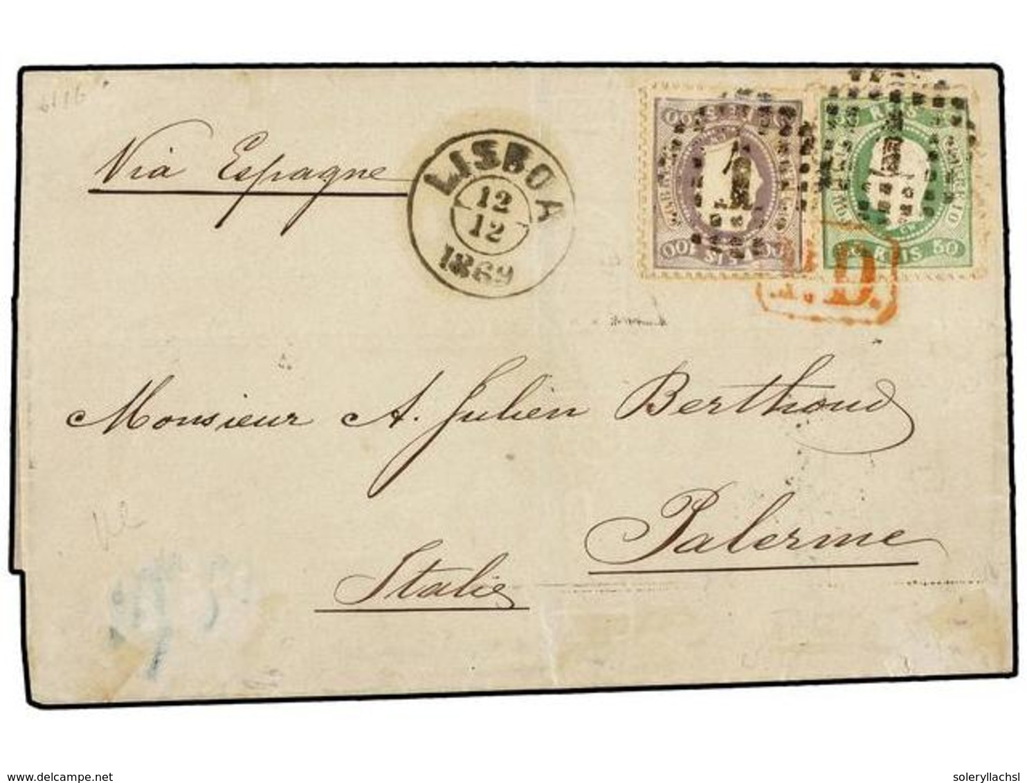 PORTUGAL. Mu.31, 33. 1869. LISBOA A PALERMO (Italia).  50 Reis  Verde Y  100 Reis  Lila, Manuscrito 'Via Espagne'. Preci - Andere & Zonder Classificatie