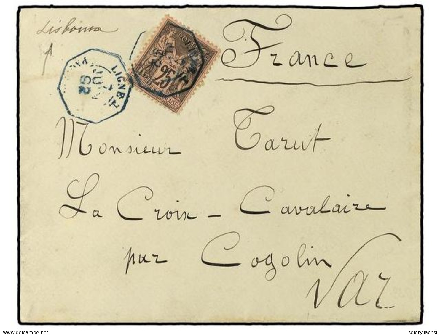 PORTUGAL. 1892. LISBOA A FRANCIA. Carta Depositada Directamente Al Buque Francés Con Sello De  25 Cts.  Negro. Mat. Octo - Altri & Non Classificati