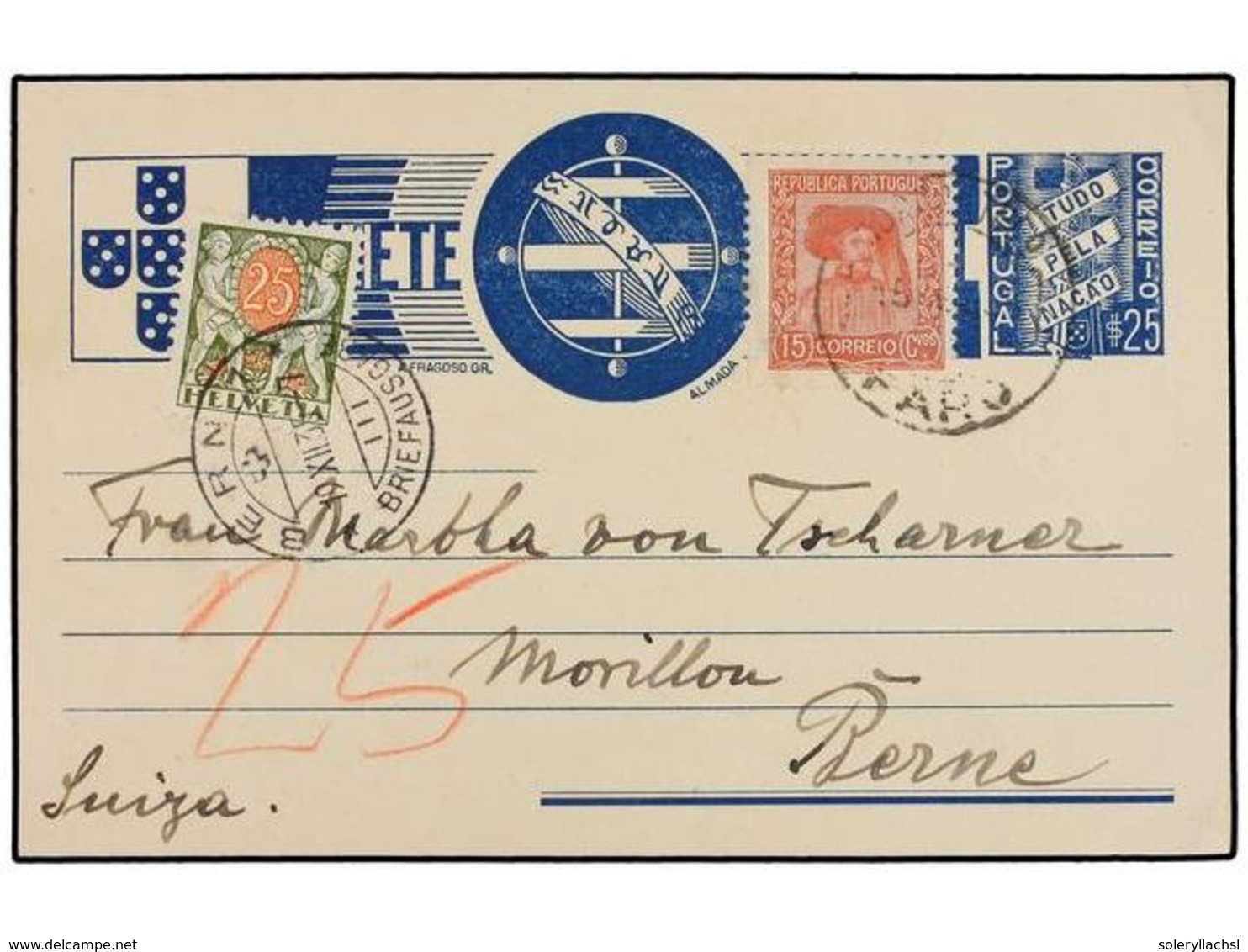 PORTUGAL. 1935. FARO A BERNA (Suiza). Entero Postal De  25 Cts.  Con Franqueo Adicional De  15 Ctvos.  Tasado A La Llega - Sonstige & Ohne Zuordnung