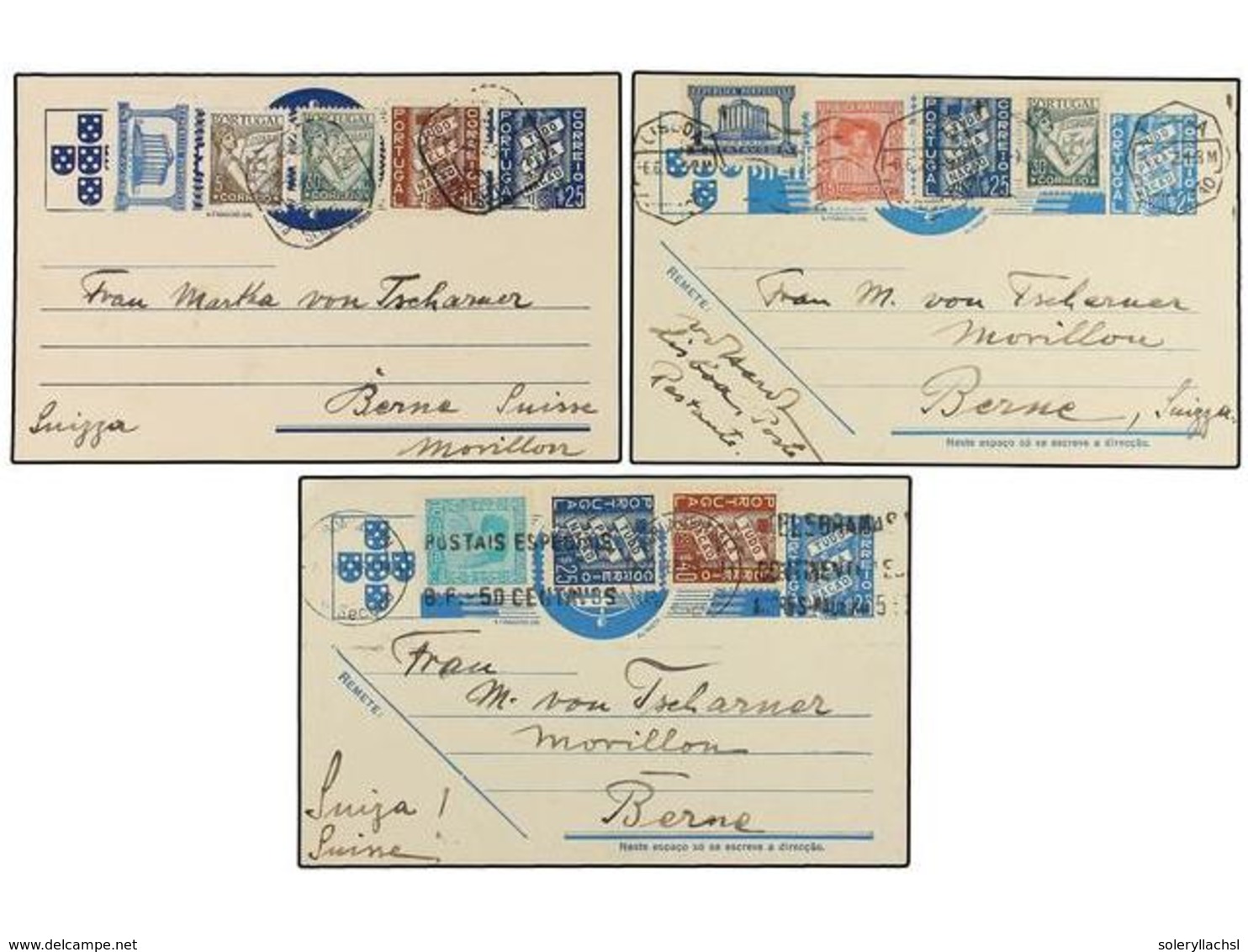 PORTUGAL. 1936. Cinco Enteros Postales De  25 Ctvos.  Circulados A SUIZA Con Diversos Franqueos Adicionales. - Autres & Non Classés