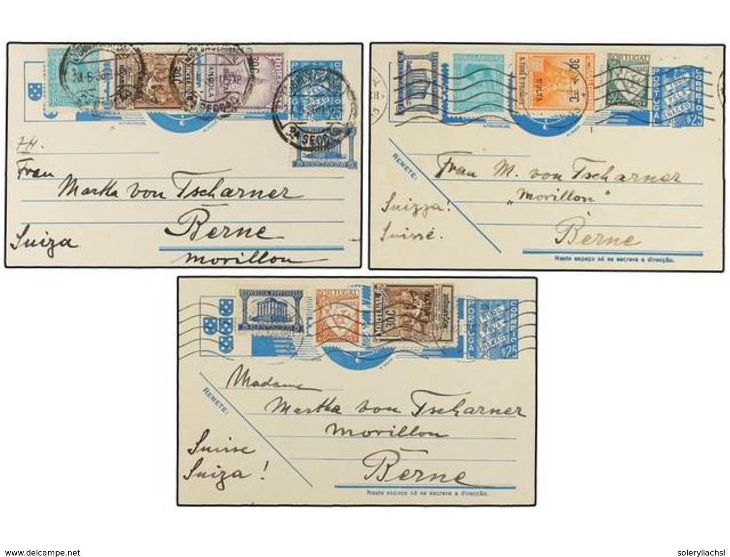 PORTUGAL. 1937. Cinco Enteros Postales De  25 Ctvos.  Azul Con Diversos Franqueos Adicionales Con Sellos De  MULTA  De G - Sonstige & Ohne Zuordnung