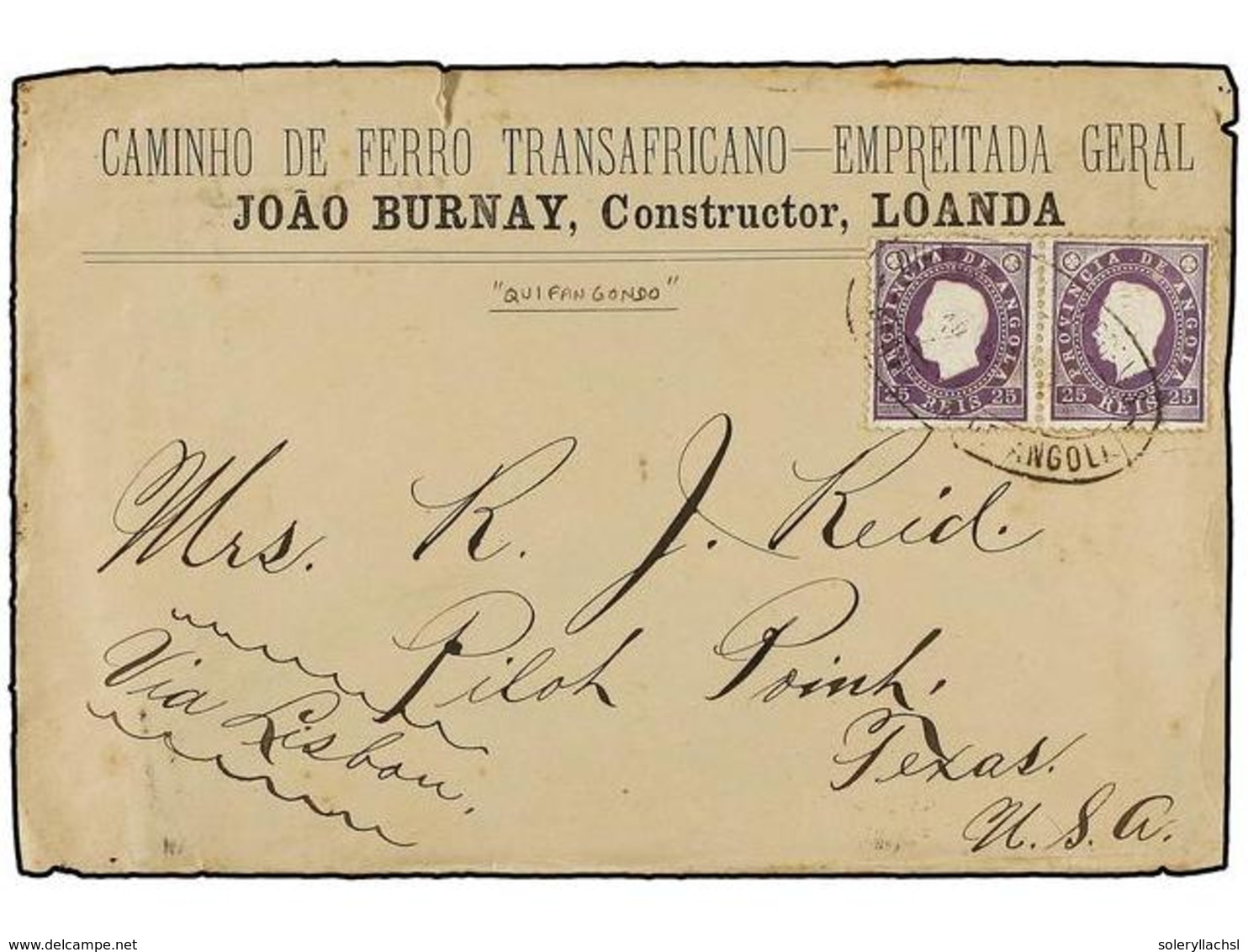 ANGOLA. 1888. QUIFANGONDO A USA. Sobre Del CAMINHO DE FERRO TRANSAFRICANO Con El Texto Completo Circulada Con Dos Sellos - Andere & Zonder Classificatie