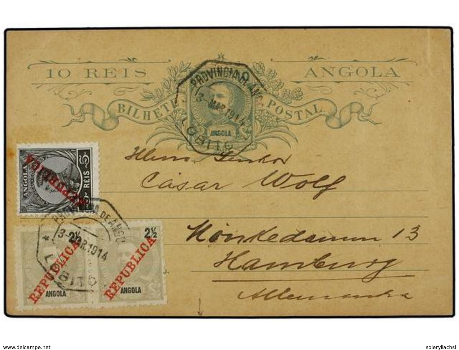 ANGOLA. Sc.38, 104. 1914 (March 3).  10r.  Green Postal Stationery Card Used To HAMBURG Up-rated With 1898  2½r.  Grey P - Andere & Zonder Classificatie