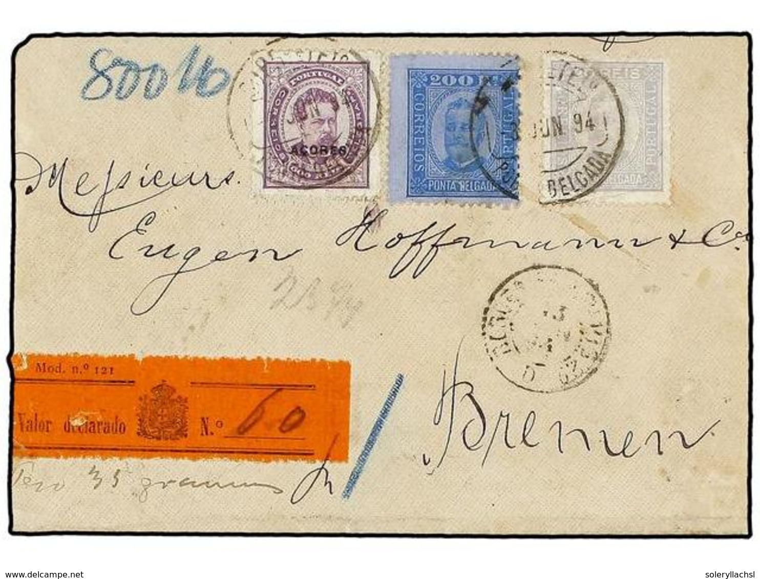 PORTUGAL: AZORES. Sc.4, 11. 1894 (June). Large Part Value Declared Cover To  BREMEN  (part Of Reverse And Side Flaps Mis - Andere & Zonder Classificatie