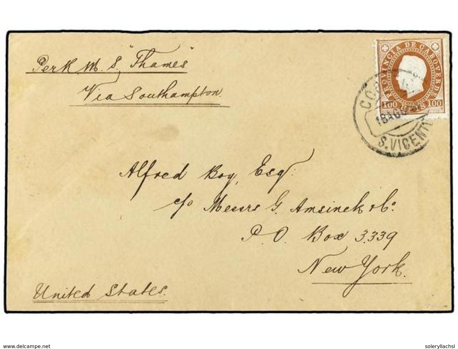 CABO VERDE. 1888 (Aug 18). Cover To NEW YORK Endorsed 'per R.M.S. Thames, Via Southampton' Franked By 1886  100r.  Yello - Autres & Non Classés