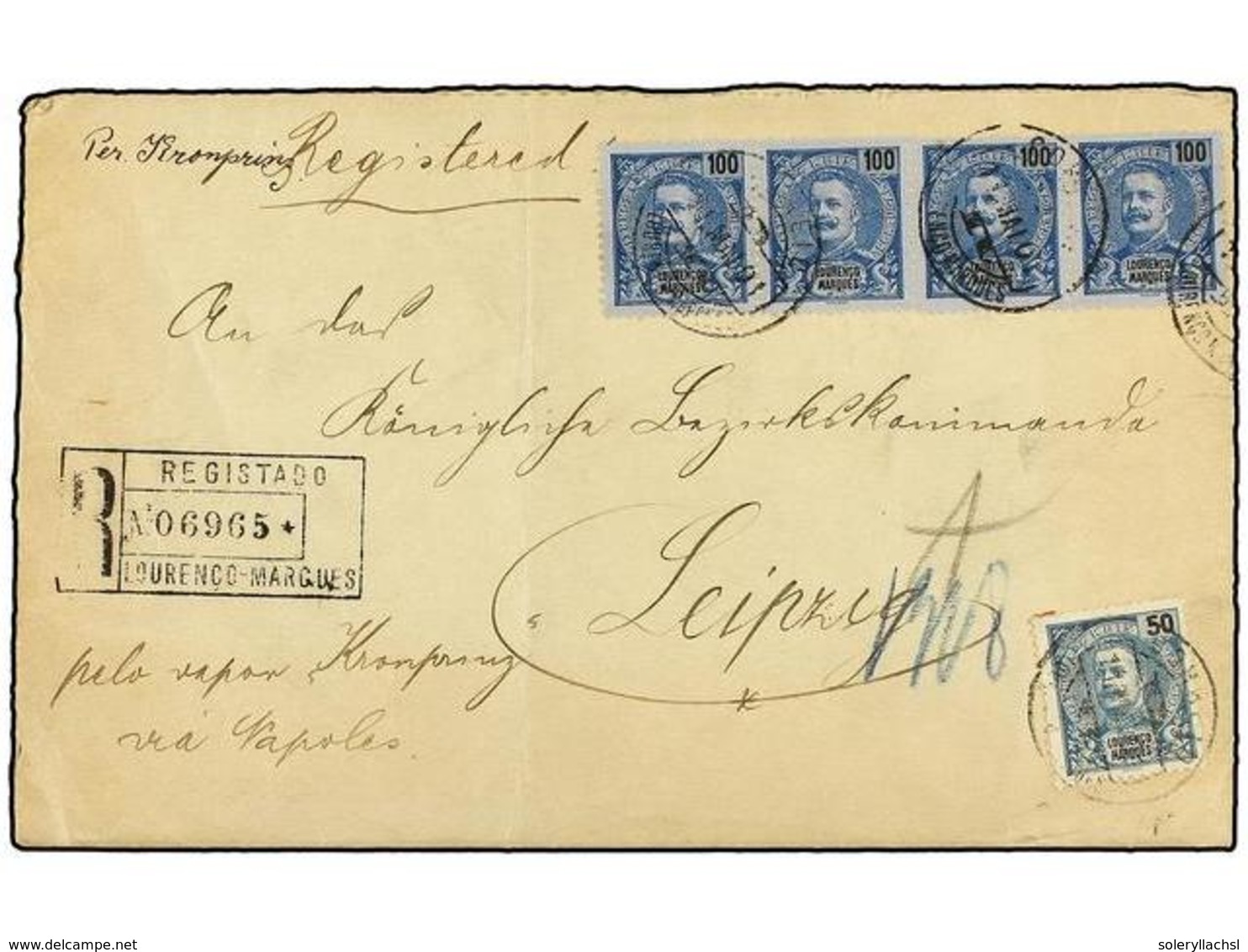 LORENZO-MARQUES. Af.38, 41(4). 1901. LOURENÇO MARQUES A ALEMANIA.  50 Reis Y 100 Reis  (tira De Cuatro). Manuscrito 'vía - Autres & Non Classés