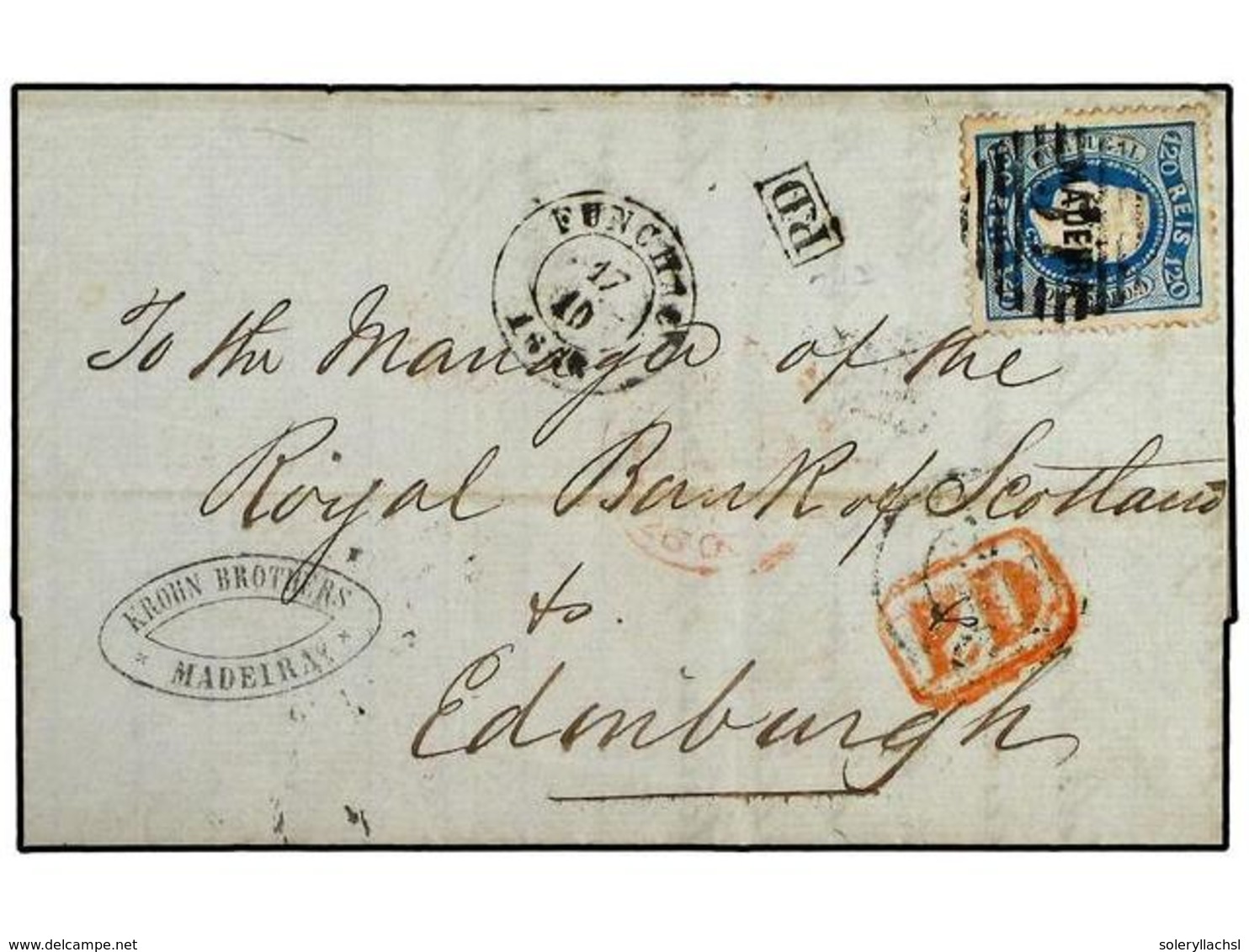 PORTUGAL: MADEIRA. 1868 (Oct 17). Entire Letter To Edinburgh Franked By 1868  120r  Blue Tied By 45 Numeral Cancellation - Sonstige & Ohne Zuordnung