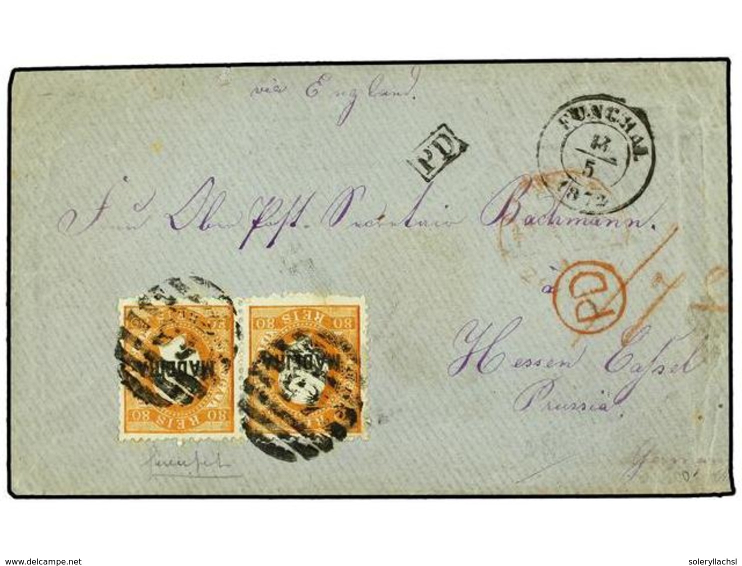 PORTUGAL: MADEIRA. 1872. FUNCHAL A ALEMANIA.  80 Reis  Naranja Habilitados  MADEIRA  (2). Mat. Numeral  45  Y Fechador   - Sonstige & Ohne Zuordnung