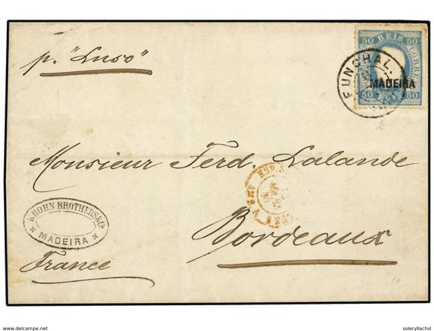 PORTUGAL: MADEIRA. Af.28. 1880. FUNCHAL A FRANCIA.  50 Reis  Azul Dent. 13 1/2 Mat. Fechador De FUNCHAL. MUY BONITA. - Autres & Non Classés