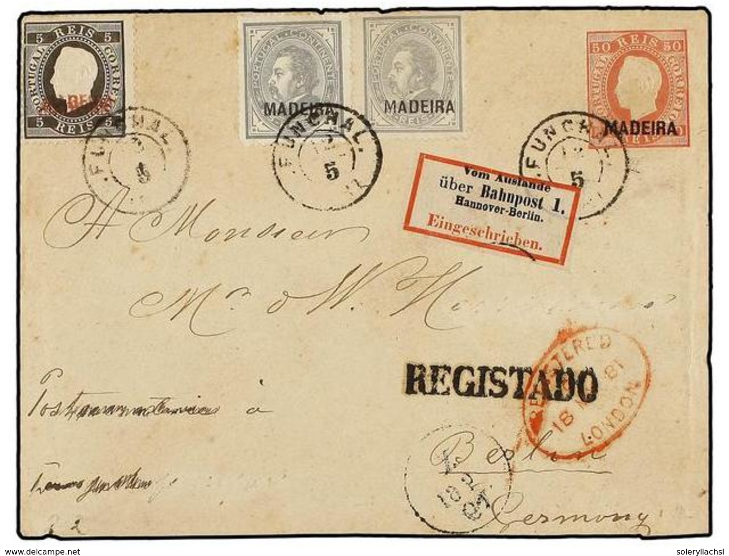 PORTUGAL: MADEIRA. Mu.14, 32 (2). 1881. FUNCHAL A BERLÍN (Alemania). Sobre De  50 Reis  Rosa Carmín Con Franqueo Adicion - Other & Unclassified