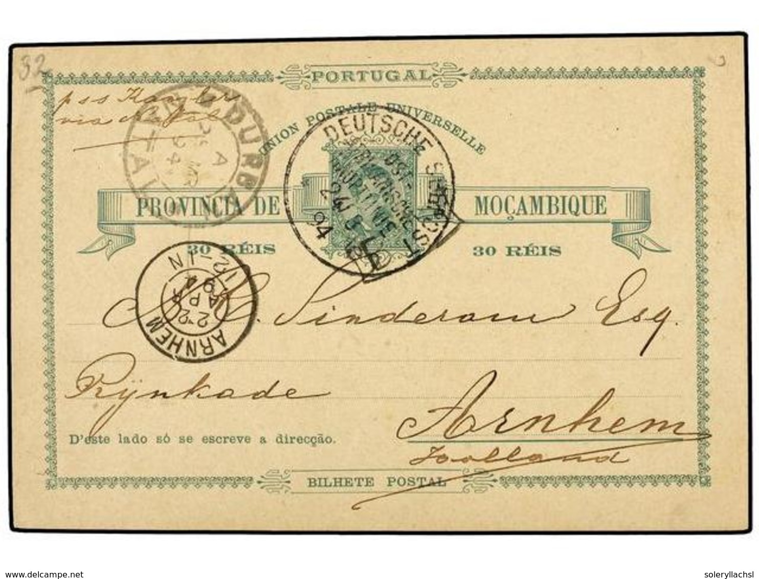 MOZAMBIQUE. 1894. MOZAMBIQUE A HOLANDA. Entero Postal De  30 Reis , Mat.  DEUTSCHE SEEPOST/OST-AFRIKANISCHE/HAUPLINIE,   - Sonstige & Ohne Zuordnung