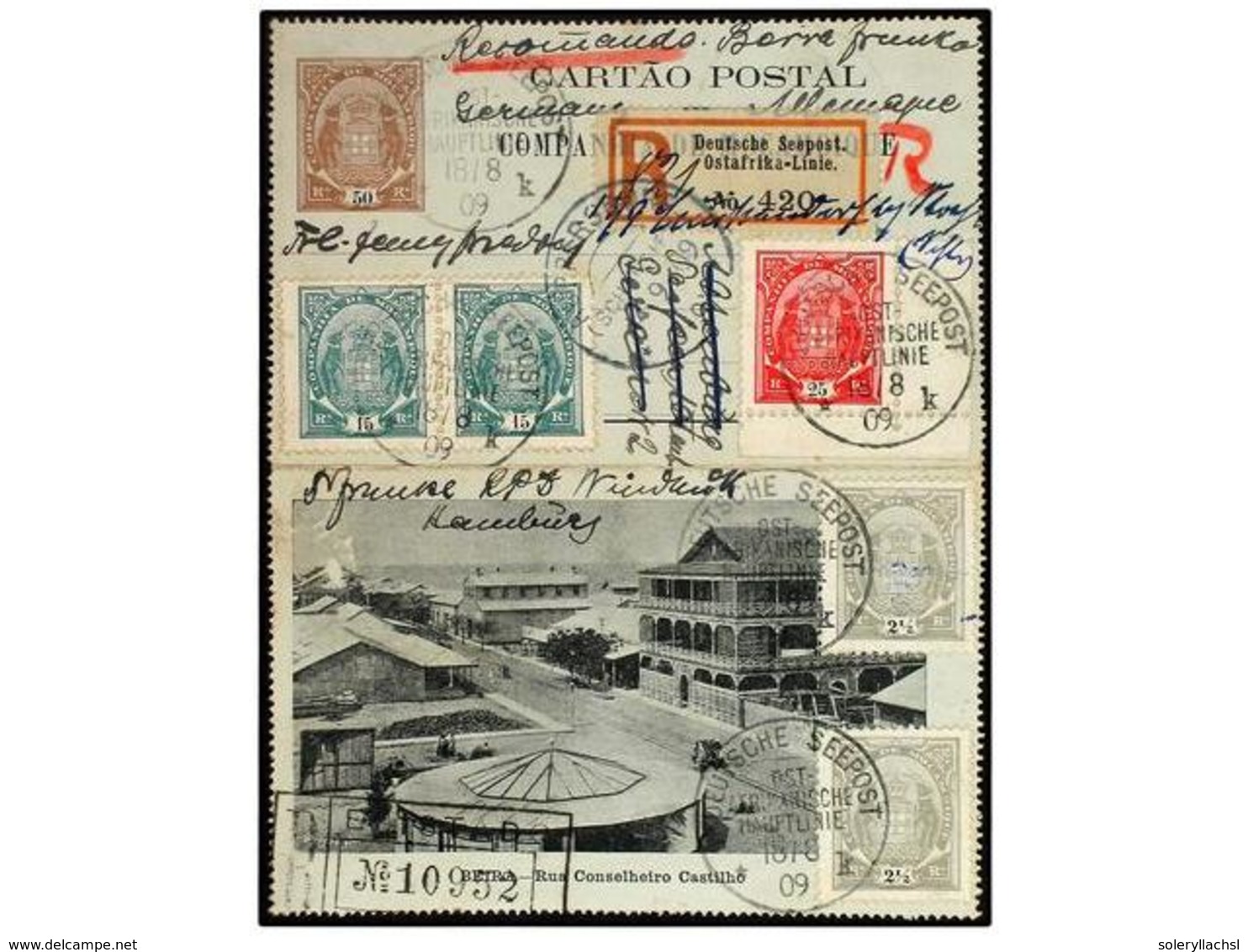 MOZAMBIQUE. 1909.  50 R.  Brown On Grey Blue Illustrated Stationery Letter-card (Beira, Rua Conselheiro Castilho) Sent R - Sonstige & Ohne Zuordnung