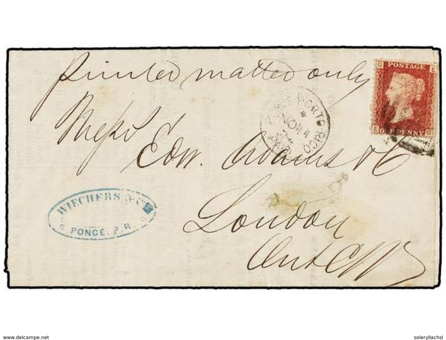 PUERTO RICO. 1874. PONCE A LONDRES. Impreso Circulado Con Sello Británico De  1 P.  Rojo Con Mat. De La  B.P.O.   F-88   - Autres & Non Classés