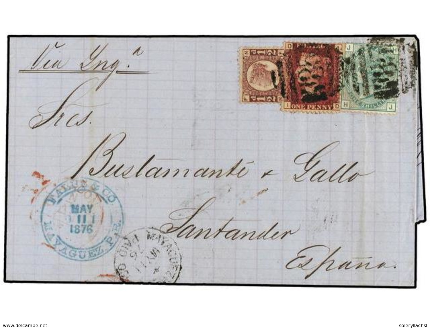 PUERTO RICO. 1876 (May 11). Entire Letter To SANTANDER (Spain), Franked By Great Britain 1870  1/2 D.  Pl. 6,  1 D.  Red - Sonstige & Ohne Zuordnung