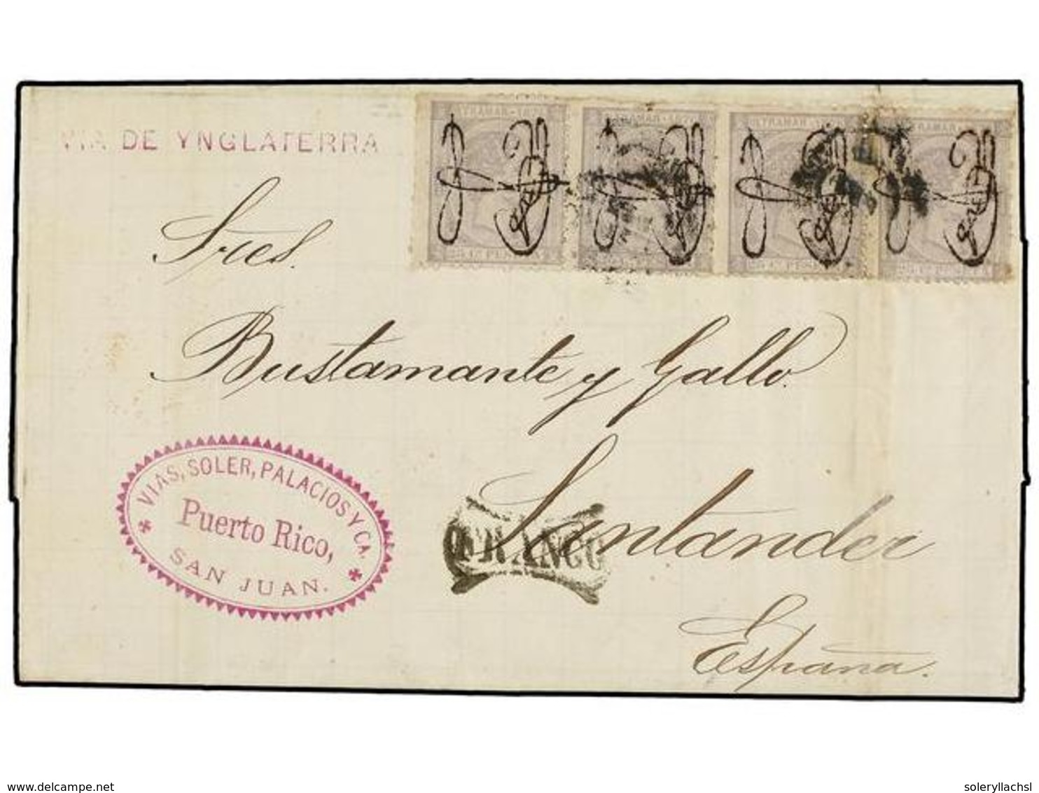 PUERTO RICO. Ed.11 (4). 1876 (25 Septiembre). SAN JUAN A SANTANDER.  25 Cts.  Gris (doble Rubrica), Tira De Cuatro, Plie - Autres & Non Classés