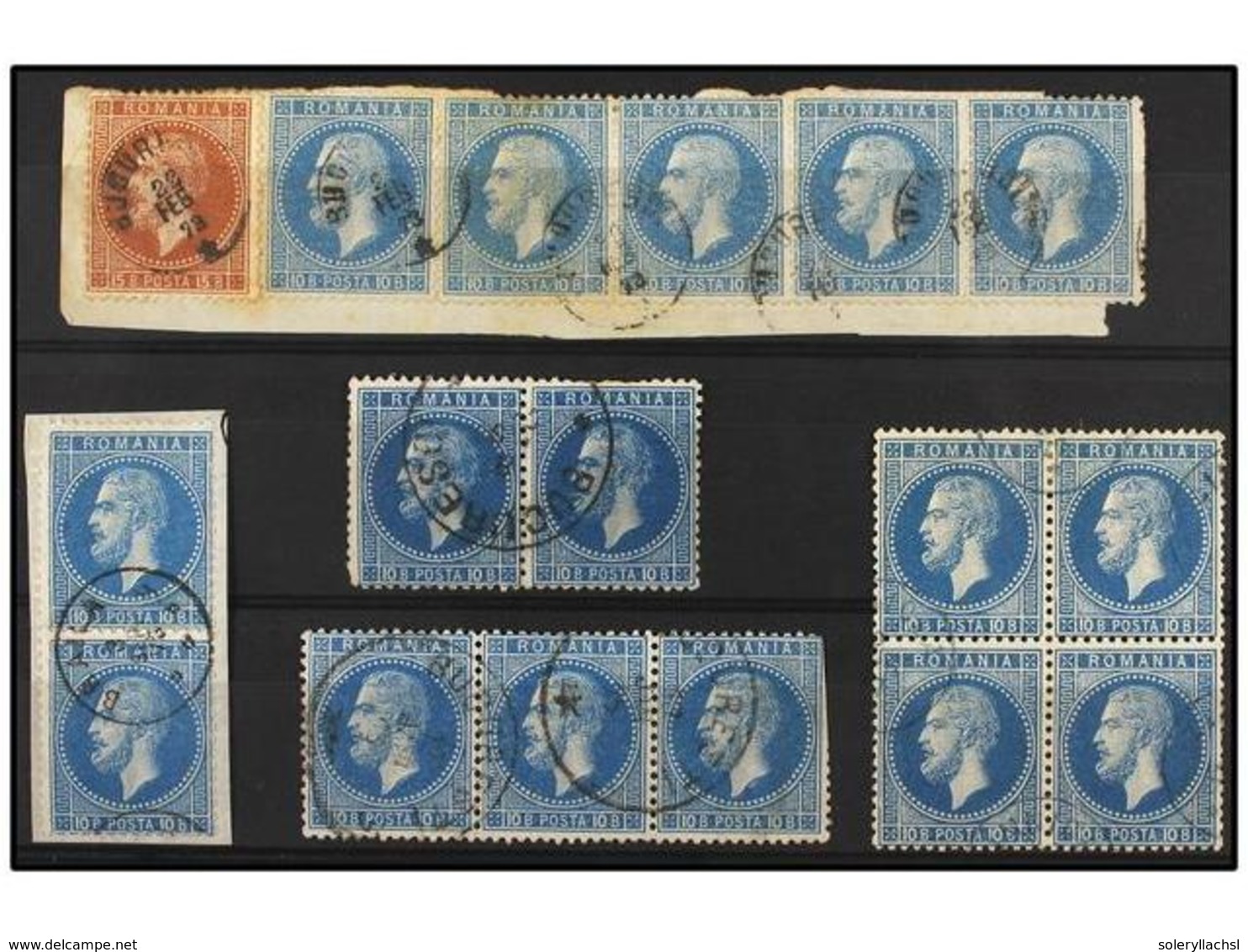 °/ RUMANIA. Mi.39. 1872.  10 Bani . Lot With 2 Pair, Strip Of Three (fault), Block Of Four And Strip Of Five. Fine Used. - Autres & Non Classés