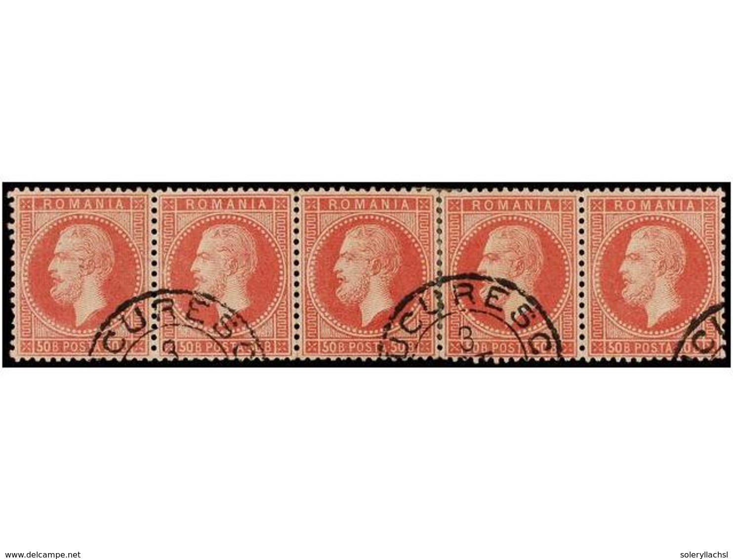 ° RUMANIA. Mi.42 (5). 1872.  50 Bani  Rose. Strip Of Five (3+2 Joinet). Very Fine. Michel.+250€. - Andere & Zonder Classificatie