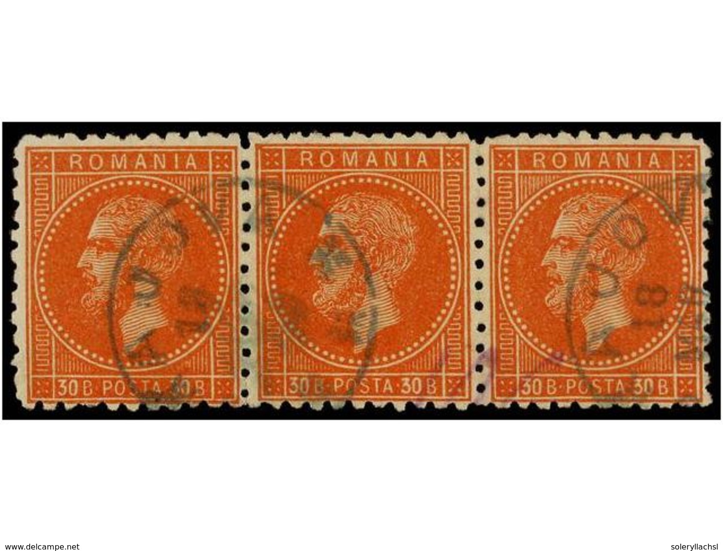 ° RUMANIA. Mi.47 (3). 1876.  30 Bani  Orange, Strip Of Three, Fine Used. Scarce Multiple. Michel.+180€. - Andere & Zonder Classificatie