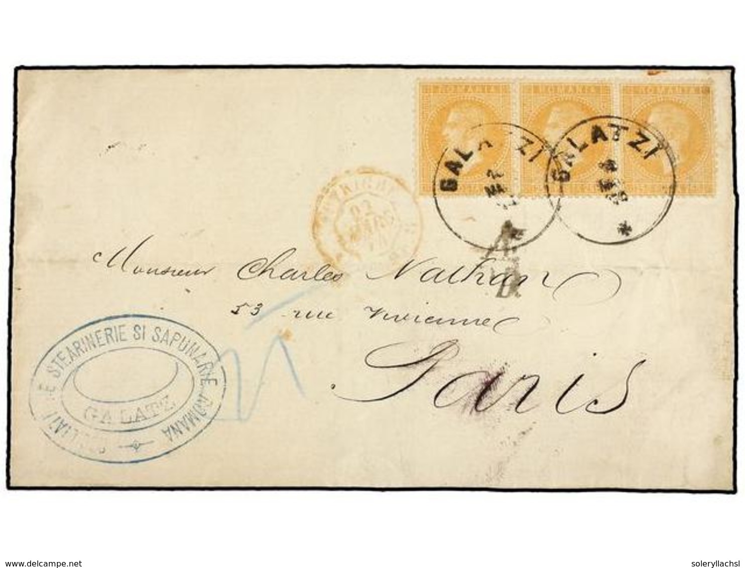 RUMANIA. Mi.41 (3). 1874. GALATZ To PARIS (France).  25 Bani  Orange, Strip Of Three, Tied By  GALATZI/* Cds.   Arrival  - Autres & Non Classés