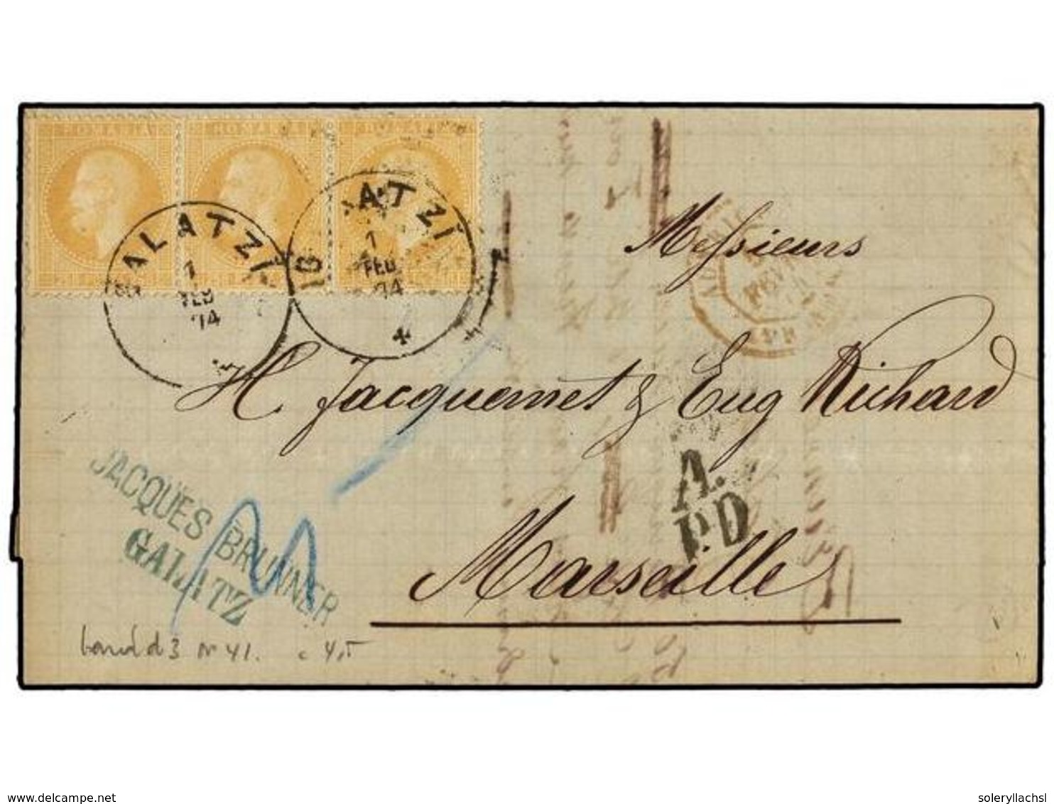 RUMANIA. Mi.41 (3). 1874. GALATZ To MARSEILLE (France).  25 Bani  Orange, Strip Of Three With  GALATZI  Cds. Arrival On  - Altri & Non Classificati