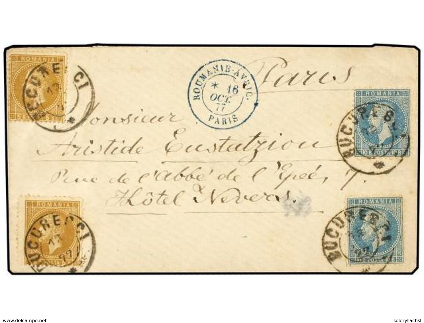 RUMANIA. 1877. BUCAREST To PARIS.  5 B.  Ocre (2) And  10 B.  Blue. On Front Arrival  ROUMANIE-AVBIC./PARIS  Cds. - Altri & Non Classificati