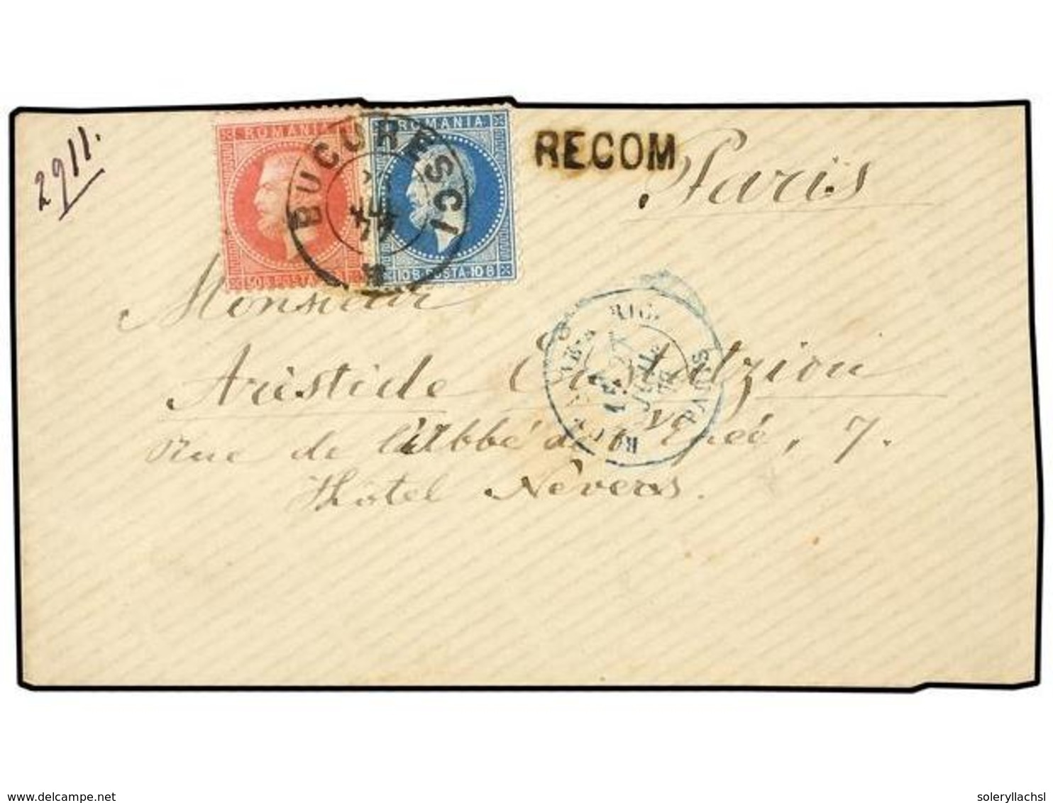 RUMANIA. 1877. BUCAREST To PARIS.  10 B.  Blue And  50 B.  Rose.  BUCURESCI  Cds. And  RECOM  Lineal Strike. Part Of Fla - Autres & Non Classés