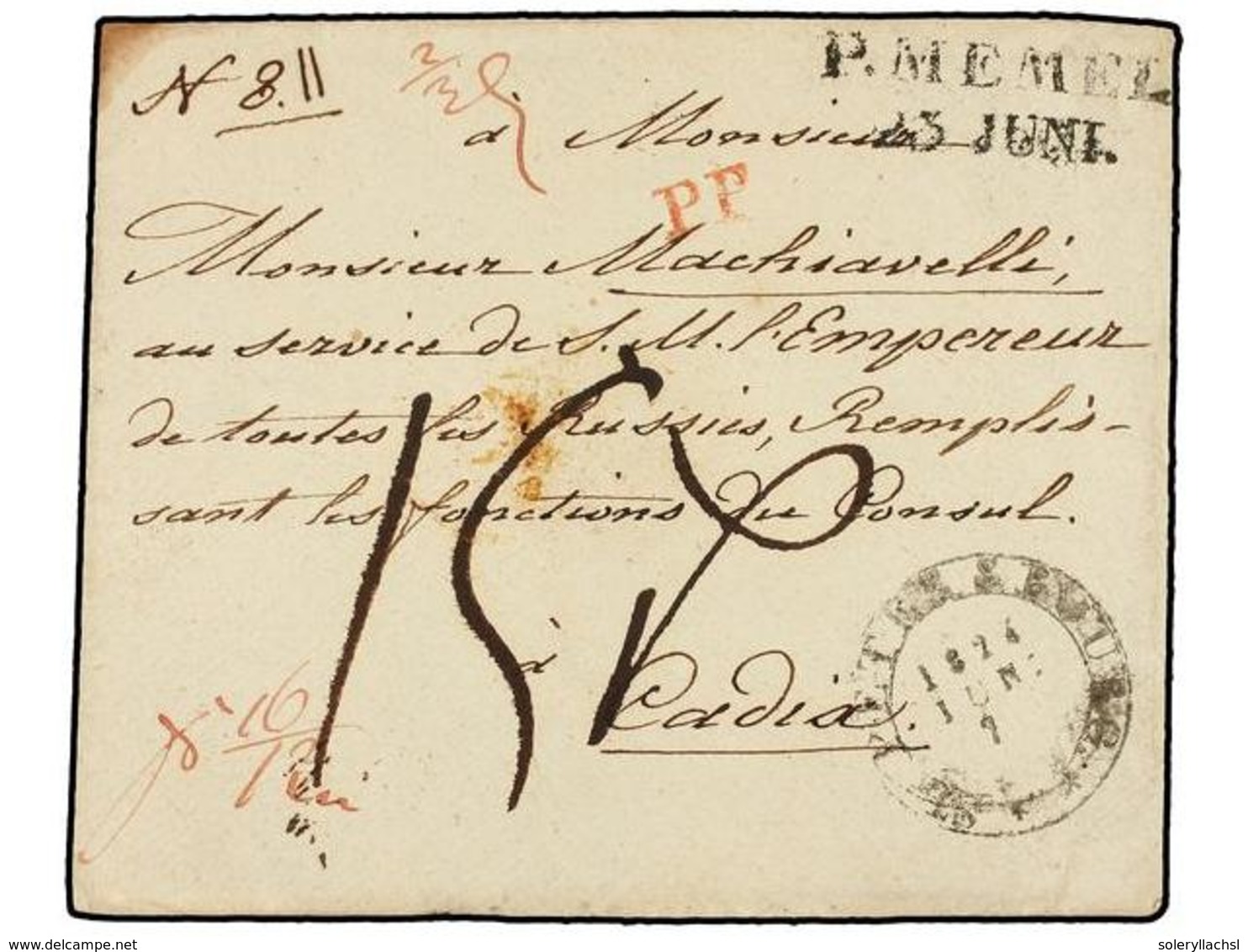 RUSIA. 1824. ST. PETERSBURG To CÁDIZ (Spain). Envelope (without Text) Addressed To Russian Consul In Cadiz. Sent Via MEM - Sonstige & Ohne Zuordnung