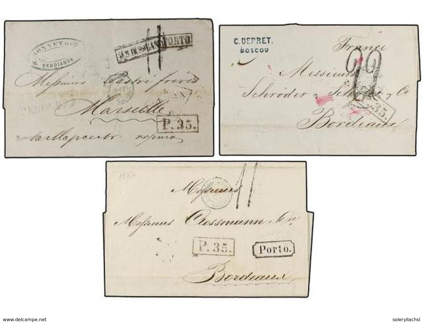 RUSIA. 1859-61. RUSSIA To FRANCE. Three Covers With Various Marks And  P.35  Exchange Marks (Van Der Linden 2091). - Autres & Non Classés