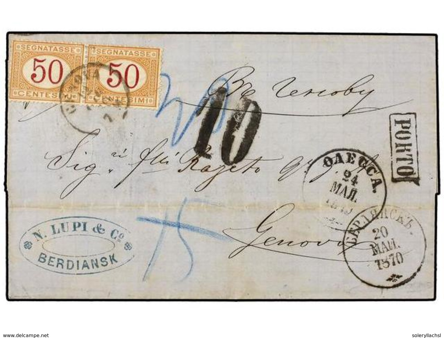 RUSIA. 1870. BERDIANSK To GENOVA. Via Odessa, Taxed On Arrival With Two Italian Stamps Of  50 Cts. - Sonstige & Ohne Zuordnung