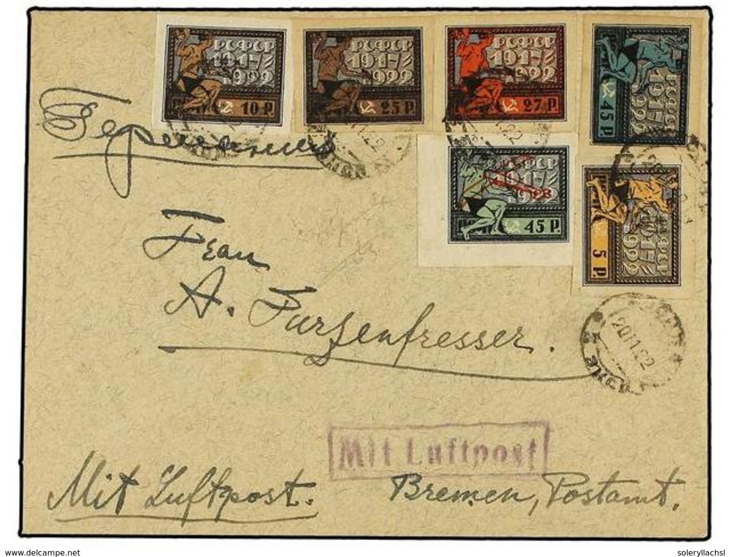 RUSIA. Sg.279/284. 1922 (Nov. 20). Airmail Cover Addressed To BREMEN Post Office Franked By 1922 Anniversary Of Revoluti - Sonstige & Ohne Zuordnung