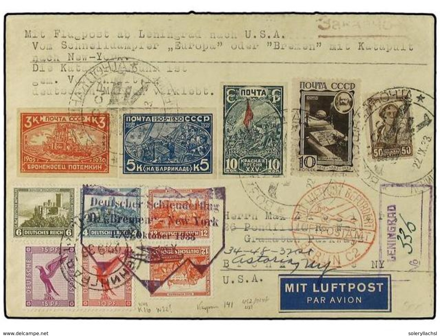 RUSIA. 1933. Registered Envelope To New York From Leningrad With Mixed Russian And German Issues (11 Values) Tied By Ill - Andere & Zonder Classificatie