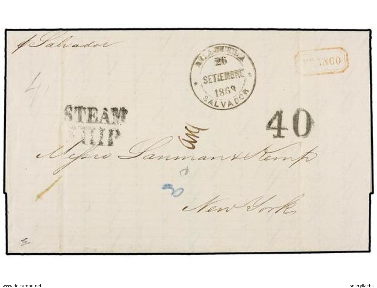 SALVADOR. 1863 (Sept 26). Entire Letter To NEW YORK (USA) Struck With Fine Impression Of  ACAJUTLE-SALVADOR  Despatch Cd - Autres & Non Classés