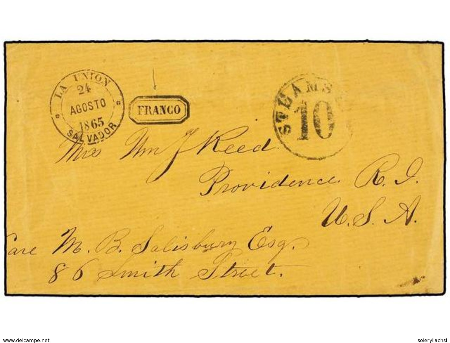 SALVADOR. 1865 (Aug 24). Cover To PROVIDENCE (RI, USA) Struck With Superb Impression Of  LA UNION-SALVADOR  Despatch Cds - Sonstige & Ohne Zuordnung