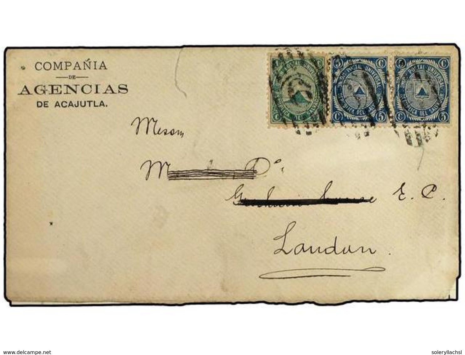 SALVADOR. 1883. ACAJUTLA A LONDRES.  1 Ctvo.  Verde Y  5 Ctvos.   Azul (2). Carta Circulada Por MENSAJERIA PRIVADA Y Dep - Sonstige & Ohne Zuordnung