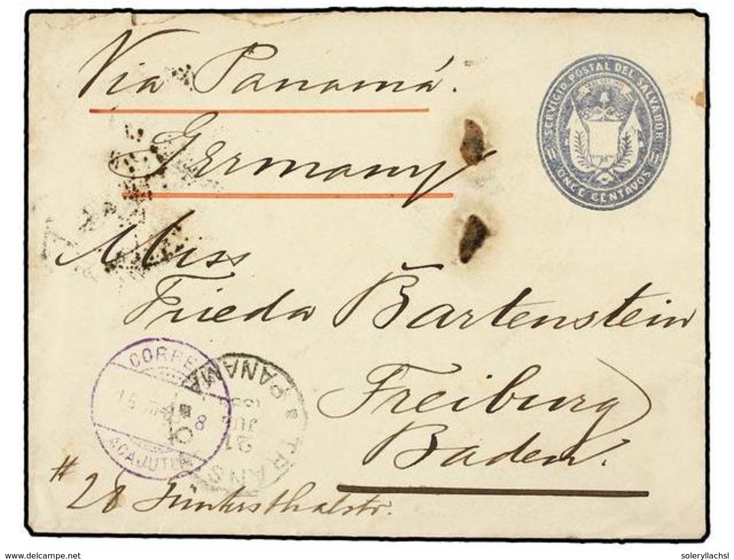 SALVADOR. 1888.  11 C.  Blue Stationery Envelope, Pointed Flaps, White Inside, H & G 3f; Used Via PANAMA To GERMANY. Can - Sonstige & Ohne Zuordnung