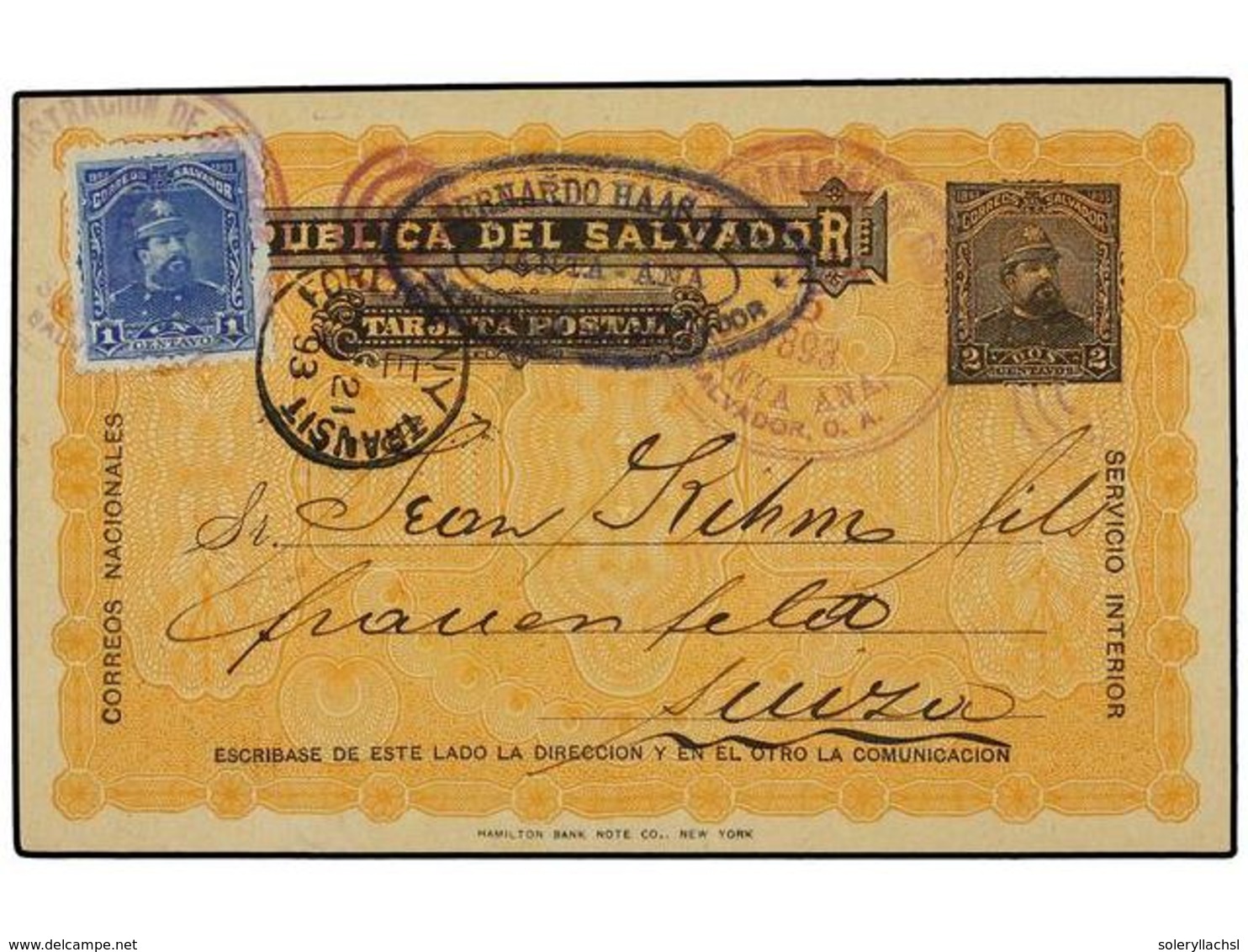 SALVADOR. Sc.76. 1893. SANTA ANA A SUIZA. Entero Postal De  2 Ctvos.  Negro Con Franqueo Adicional De  1 Ctvo.  Azul. Tr - Other & Unclassified