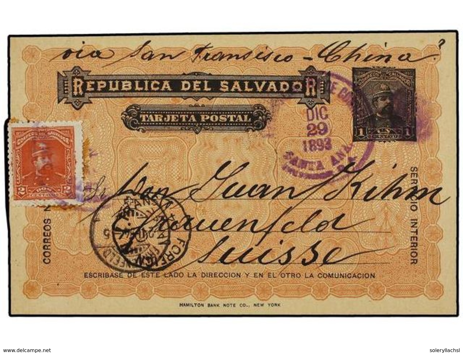 SALVADOR. Sc.77. 1893. SANTA ANA A SUIZA. Entero Postal De  1 Ctvo.  Con Franqueo Adicional De  2 Ctvos.  Castaño Rojo.  - Sonstige & Ohne Zuordnung