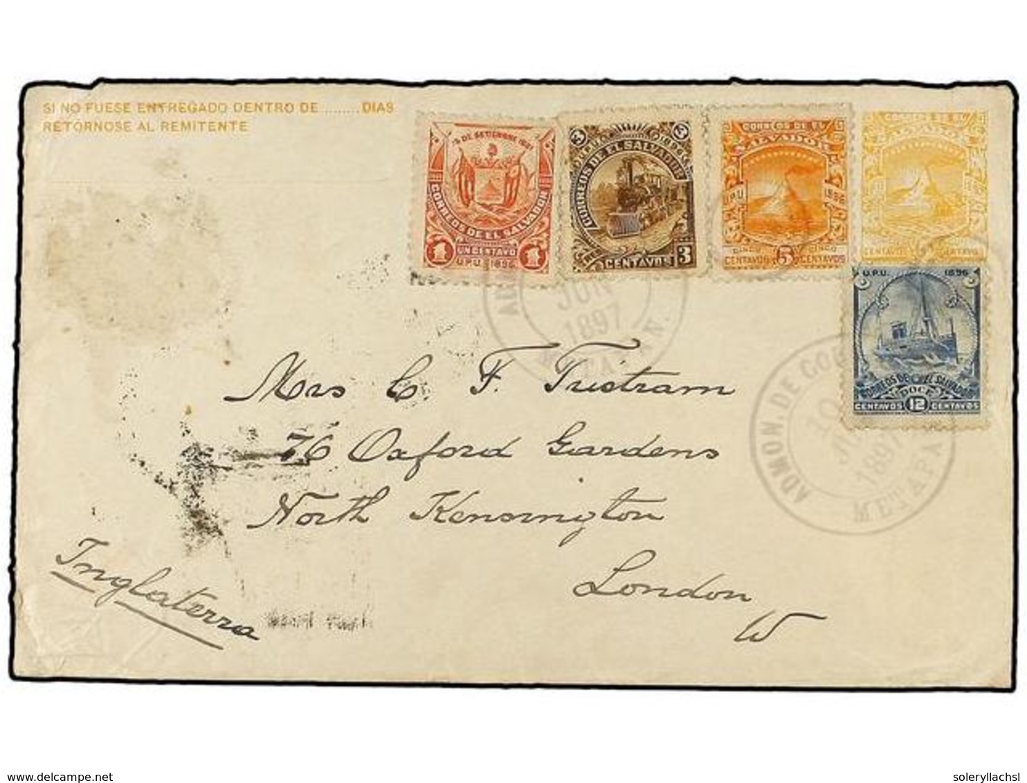 SALVADOR. 1897.  5 C.  Postal Stationery Envelope (H & G 62b) Used To LONDON Uprated By  1 C., 3 C., 5 C. & 12 C.  The   - Autres & Non Classés