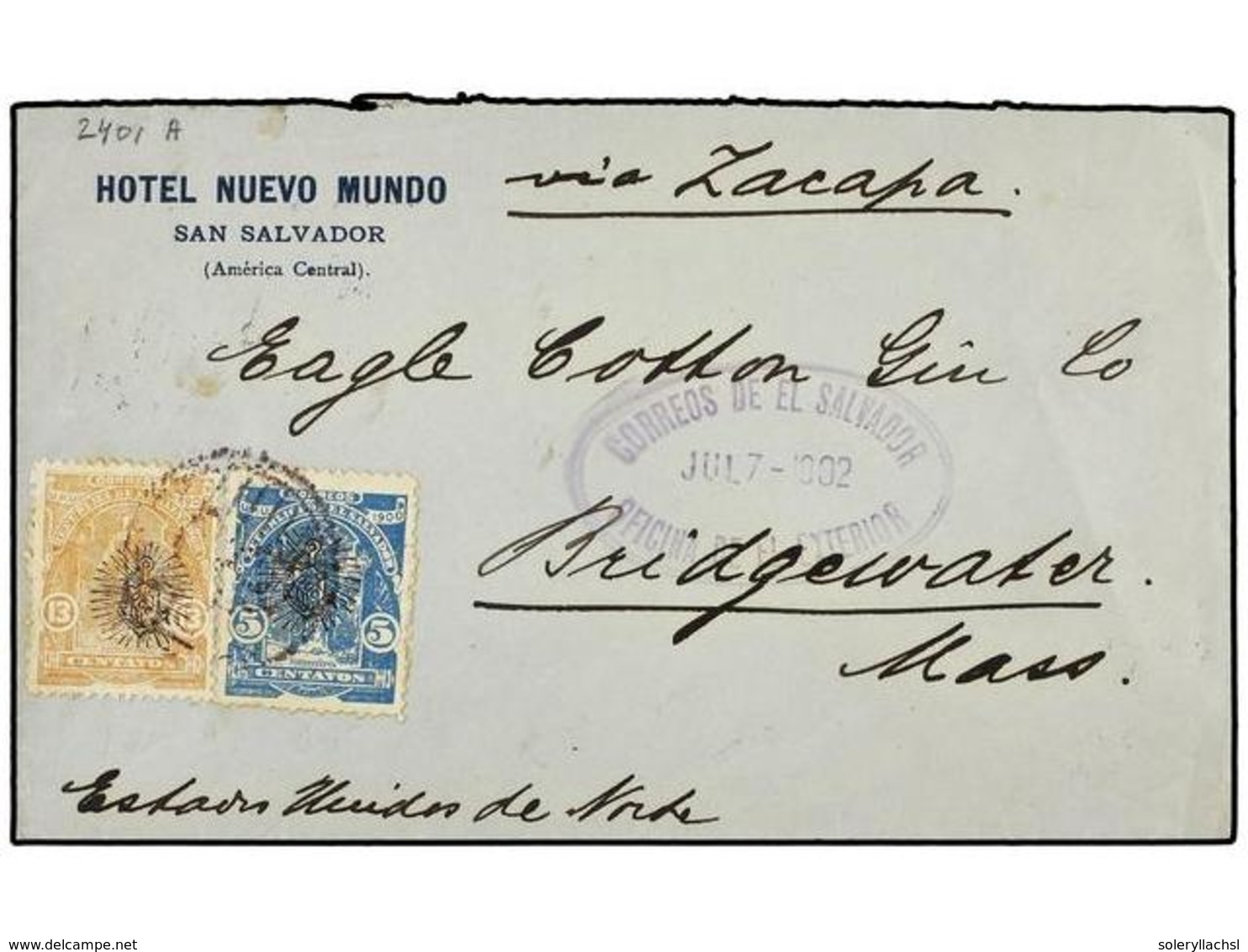 SALVADOR. Sc.266, 268. 1902. SAN SALVADOR A U.S.A.  5 Ctvos.  Azul Y  13 Ctvos.  Bistre. Al Dorso Llegada. RAROS Sellos  - Sonstige & Ohne Zuordnung