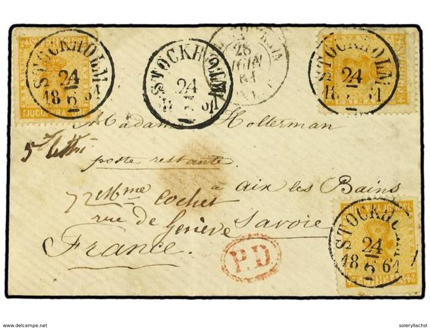 SUECIA. 1861. Envelope To FRANCE Bearing  24 Ore  Yellow Orange (3) (Facit 10) Tied By  STOCKHOLM  Datestamp With Oval   - Andere & Zonder Classificatie